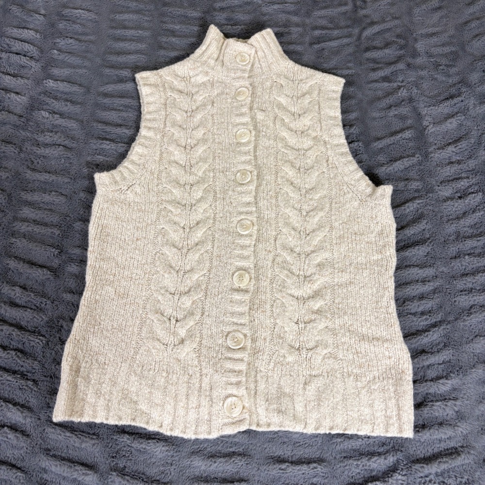 LL Bean Womens Small Cream Wool Blend Cable Knit Mock Neck Button Front Vest